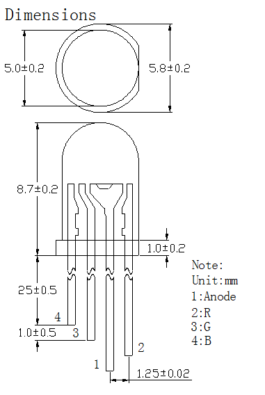 5.0RGB四脚全彩LED外形尺寸及电路图