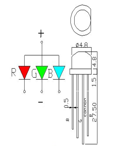 5.0mm小草帽RGB四脚LED灯珠尺寸及电路图