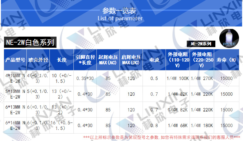 林欣电子NE-2W白色氖灯参数表.png